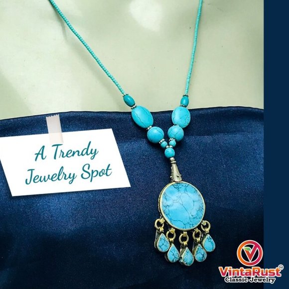 Turquoise Beaded Necklace, Boho Tribal Statement Necklaces, Necklace - Picture 2 of 12